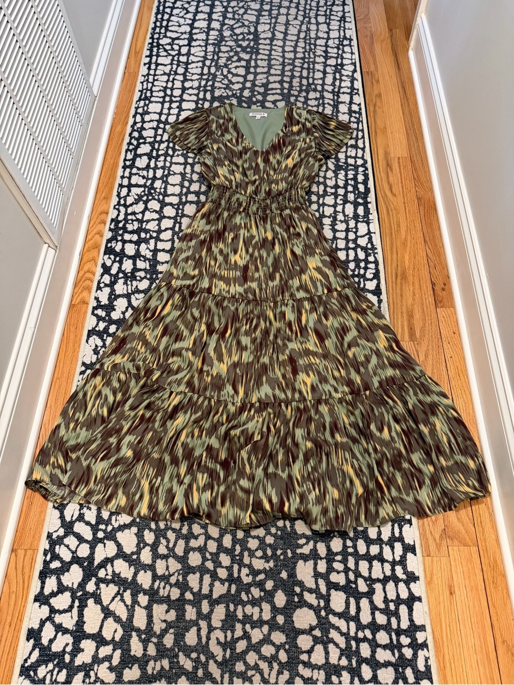 Nanette Lepore Olive, Brown & Yellow Tiered V-Neck Maxi Dress